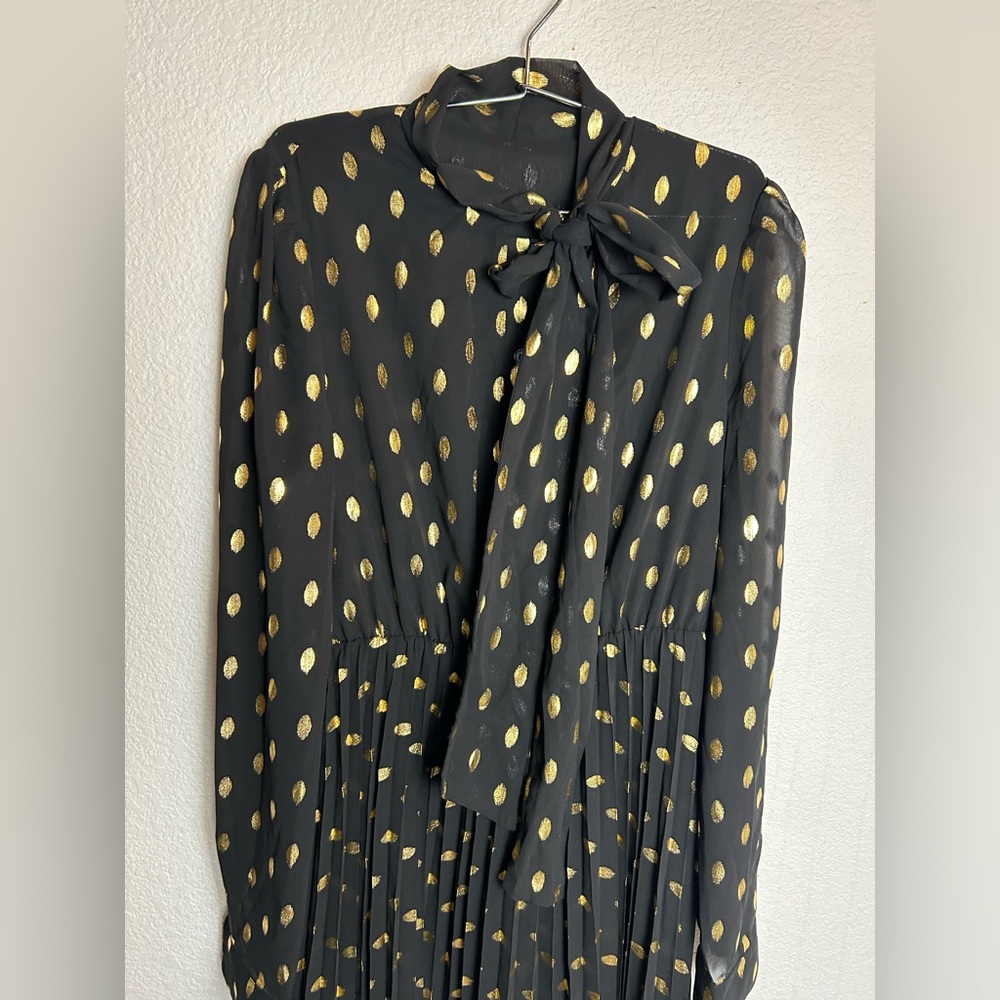 Commense Black and Gold Polka Dot Long Sleeve Midi Dress with Bow - Picture 3 of 12